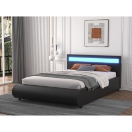 Pat DELTA Complet Tapitat Piele Ecologica, Cu Iluminare Led Integrata, Somiera Inclusa, Negru, Fara Saltea