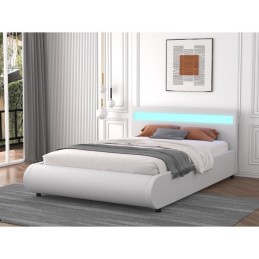 Pat DELTA Complet Tapitat Piele Ecologica, Cu Iluminare Led Integrata, Somiera Inclusa, Alb, Fara Saltea