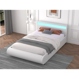 Pat DELTA Complet Tapitat Piele Ecologica, Cu Iluminare Led Integrata, Somiera Inclusa, Alb, Fara Saltea