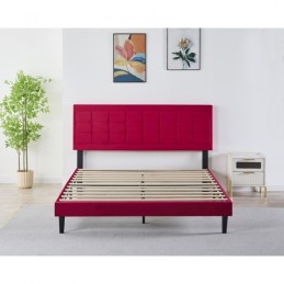 Pat Tapițat Premium Catifea 140/160x200 cm, Somiera Inclusa, Rosu, Fara Saltea