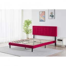 Pat Tapițat Premium Catifea 140/160x200 cm, Somiera Inclusa, Rosu, Fara Saltea