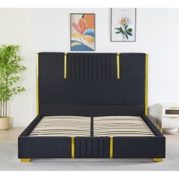 Pat Tapițat Premium Catifea 160x200 cm, Somiera Inclusa, Negru, Fara Saltea cod LB-215