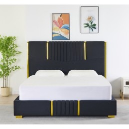 Pat Tapițat Premium Catifea 160x200 cm, Somiera Inclusa, Negru, Fara Saltea cod LB-215
