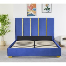 Pat Tapițat Premium Catifea 160x200 cm, Somiera Inclusa, Albastru, Fara Saltea cod LB-214