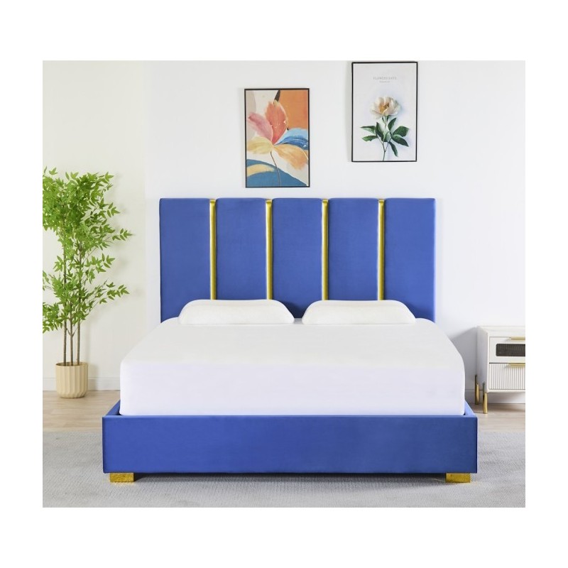 Pat Tapițat Premium Catifea 160x200 cm, Somiera Inclusa, Albastru, Fara Saltea cod LB-214
