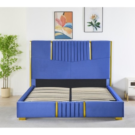 Pat Tapițat Premium Catifea 160x200 cm, Somiera Inclusa, Albastru, Fara Saltea cod LB-215