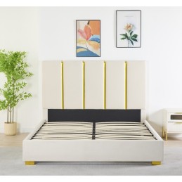 Pat Tapițat Premium Catifea 160x200 cm, Somiera Inclusa, Bej, Fara Saltea cod LB-214
