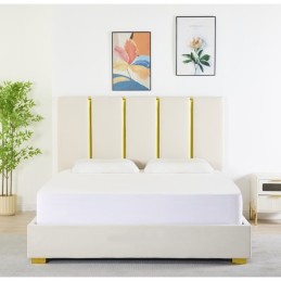 Pat Tapițat Premium Catifea 160x200 cm, Somiera Inclusa, Bej, Fara Saltea cod LB-214