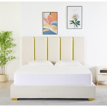 Pat Tapițat Premium Catifea 160x200 cm, Somiera Inclusa, Bej, Fara Saltea cod LB-214