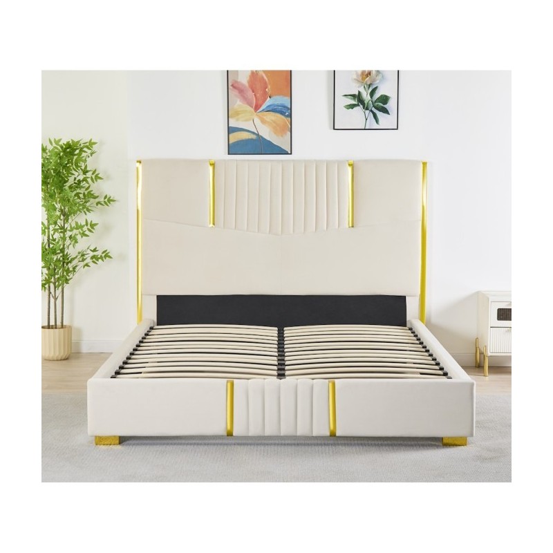 Pat Tapițat Premium Catifea 160x200 cm, Somiera Inclusa, Bej, Fara Saltea cod LB-215