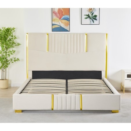 Pat Tapițat Premium Catifea 160x200 cm, Somiera Inclusa, Bej, Fara Saltea cod LB-215