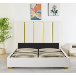 Pat Tapițat Premium Piele Sintetica 160x200 cm, Somiera Inclusa, Alb, Fara Saltea cod LB-214