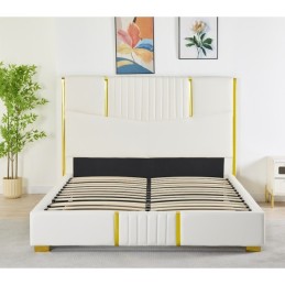 Pat Tapițat Premium Piele Sintetica 160x200 cm, Somiera Inclusa, Alb, Fara Saltea cod LB-215