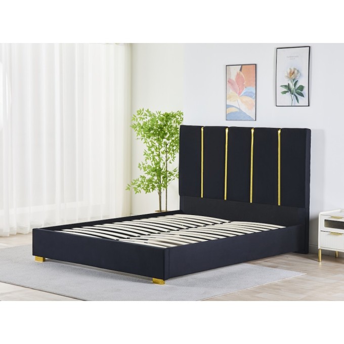 Pat Tapițat Premium Catifea 160x200 cm, Somiera Inclusa, Negru, Fara Saltea cod LB-214