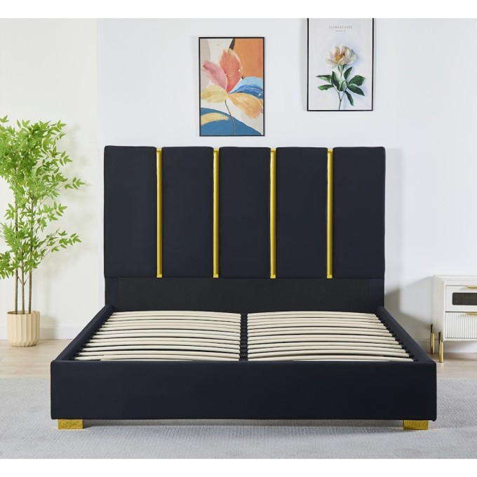 Pat Tapițat Premium Catifea 160x200 cm, Somiera Inclusa, Negru, Fara Saltea cod LB-214