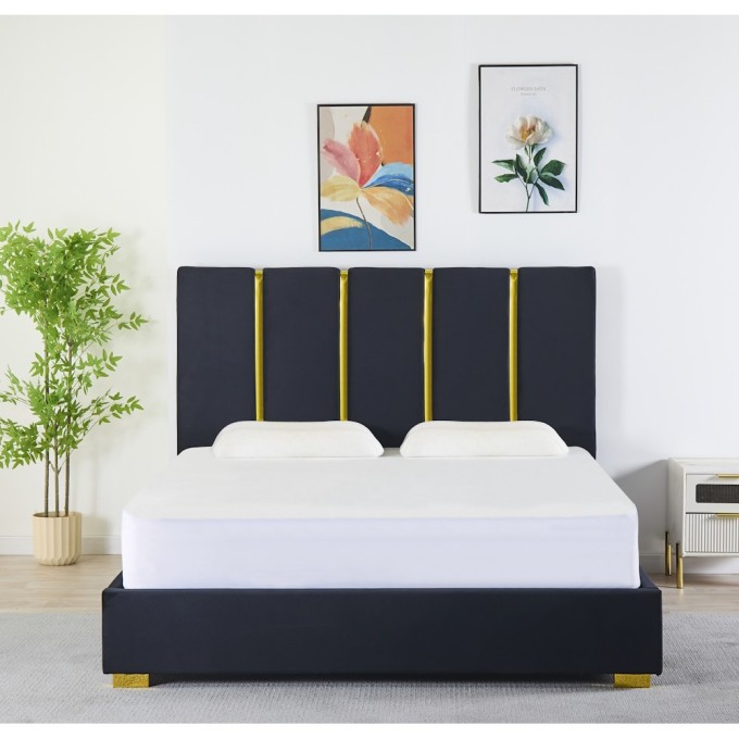 Pat Tapițat Premium Catifea 160x200 cm, Somiera Inclusa, Negru, Fara Saltea cod LB-214