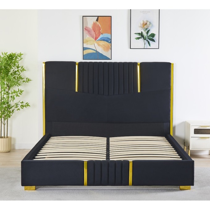 Pat Tapițat Premium Catifea 160x200 cm, Somiera Inclusa, Negru, Fara Saltea cod LB-215