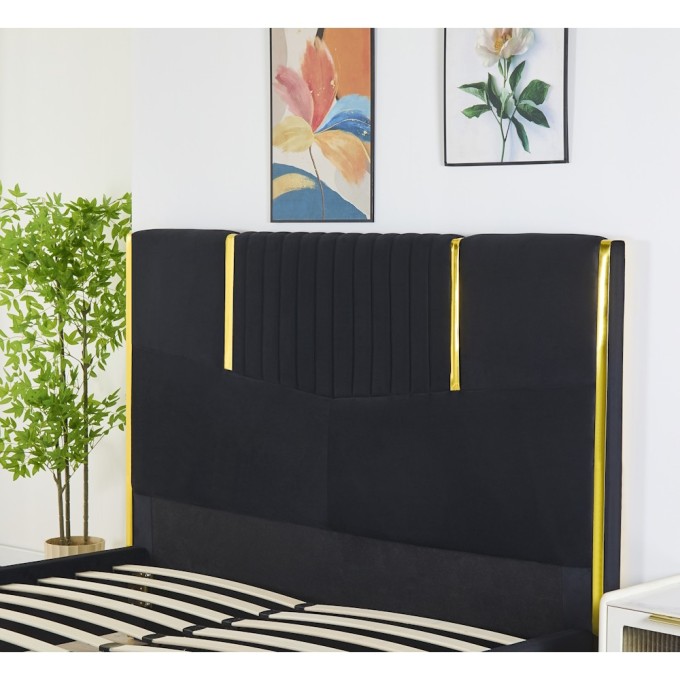 Pat Tapițat Premium Catifea 160x200 cm, Somiera Inclusa, Negru, Fara Saltea cod LB-215
