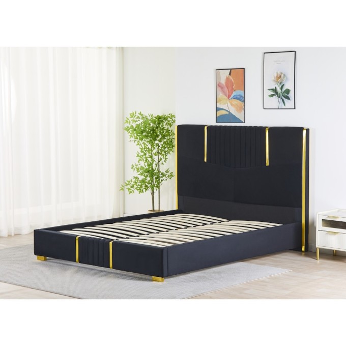 Pat Tapițat Premium Catifea 160x200 cm, Somiera Inclusa, Negru, Fara Saltea cod LB-215