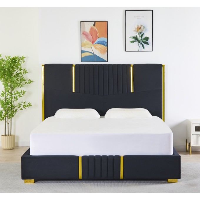 Pat Tapițat Premium Catifea 160x200 cm, Somiera Inclusa, Negru, Fara Saltea cod LB-215