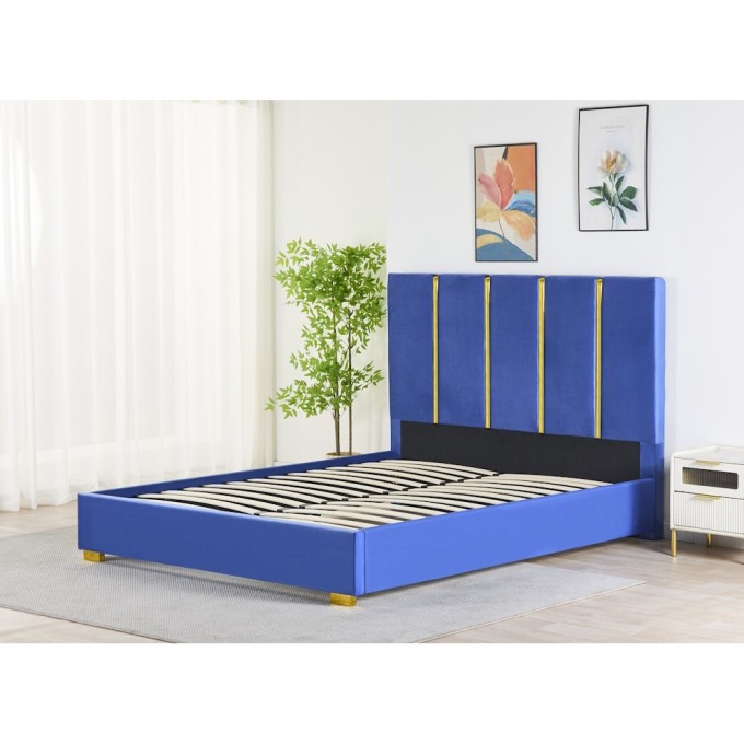 Pat Tapițat Premium Catifea 160x200 cm, Somiera Inclusa, Albastru, Fara Saltea cod LB-214