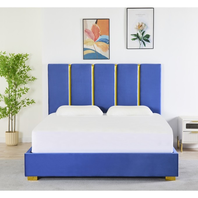 Pat Tapițat Premium Catifea 160x200 cm, Somiera Inclusa, Albastru, Fara Saltea cod LB-214