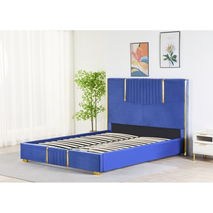 Pat Tapițat Premium Catifea 160x200 cm, Somiera Inclusa, Albastru, Fara Saltea cod LB-215