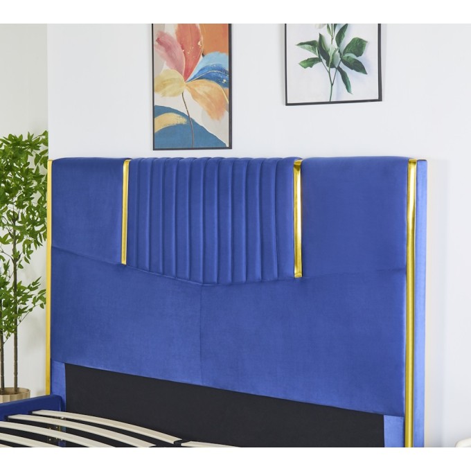 Pat Tapițat Premium Catifea 160x200 cm, Somiera Inclusa, Albastru, Fara Saltea cod LB-215