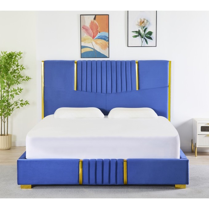 Pat Tapițat Premium Catifea 160x200 cm, Somiera Inclusa, Albastru, Fara Saltea cod LB-215