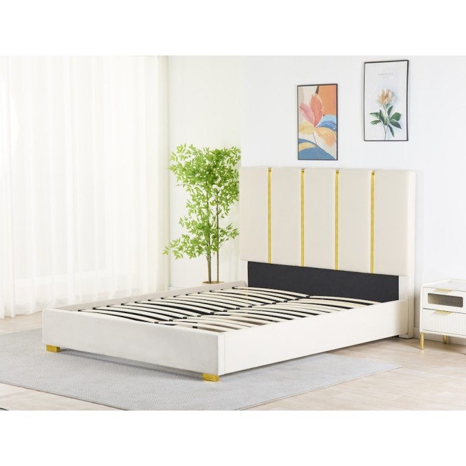 Pat Tapițat Premium Catifea 160x200 cm, Somiera Inclusa, Bej, Fara Saltea cod LB-214