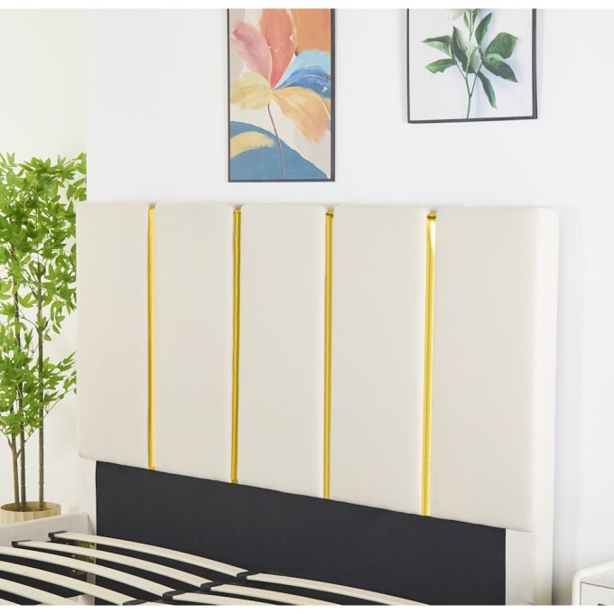 Pat Tapițat Premium Catifea 160x200 cm, Somiera Inclusa, Bej, Fara Saltea cod LB-214