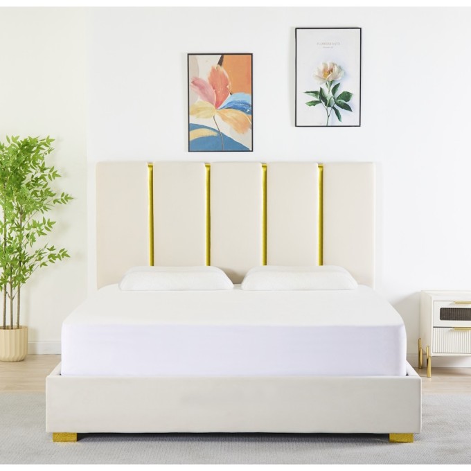 Pat Tapițat Premium Catifea 160x200 cm, Somiera Inclusa, Bej, Fara Saltea cod LB-214