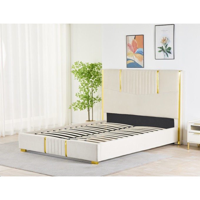 Pat Tapițat Premium Catifea 160x200 cm, Somiera Inclusa, Bej, Fara Saltea cod LB-215