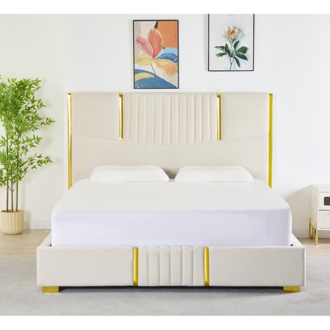Pat Tapițat Premium Catifea 160x200 cm, Somiera Inclusa, Bej, Fara Saltea cod LB-215