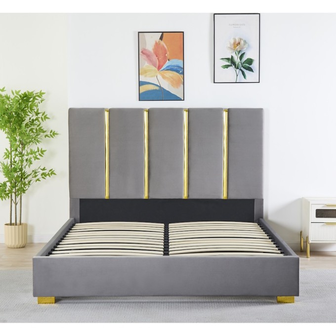 Pat Tapițat Premium Catifea 160x200 cm, Somiera Inclusa, Gri Petrol, Fara Saltea cod LB-214