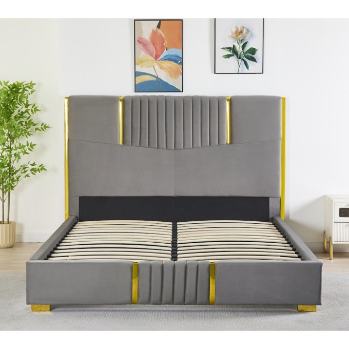 Pat Tapițat Premium Catifea 160x200 cm, Somiera Inclusa, Gri Petrol, Fara Saltea cod LB-215