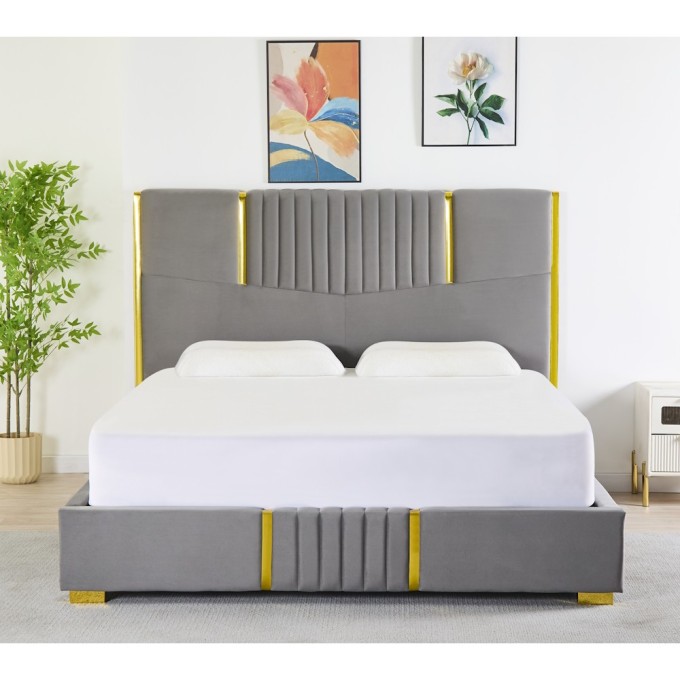 Pat Tapițat Premium Catifea 160x200 cm, Somiera Inclusa, Gri Petrol, Fara Saltea cod LB-215