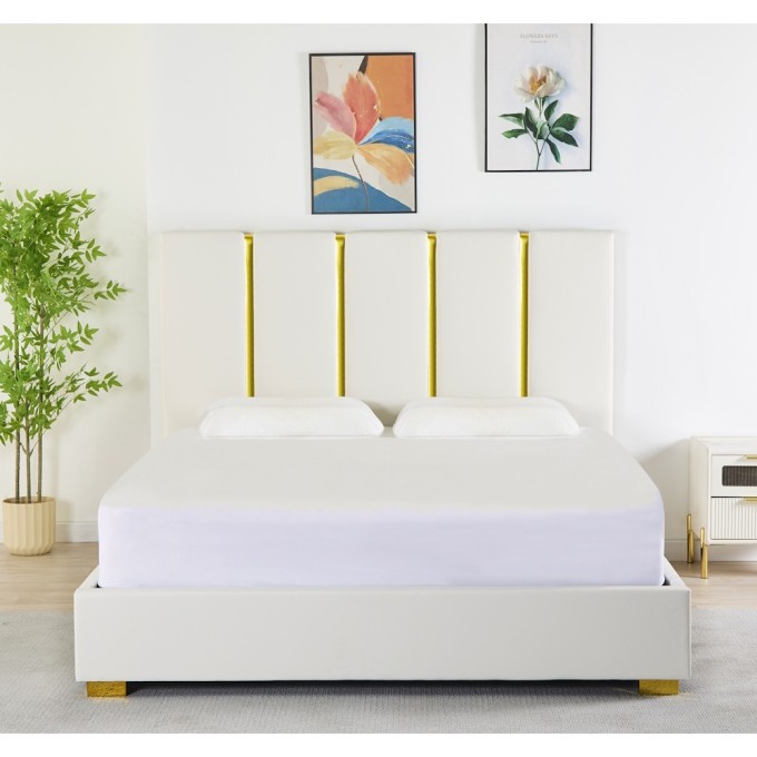 Pat Tapițat Premium Piele Sintetica 160x200 cm, Somiera Inclusa, Alb, Fara Saltea cod LB-214