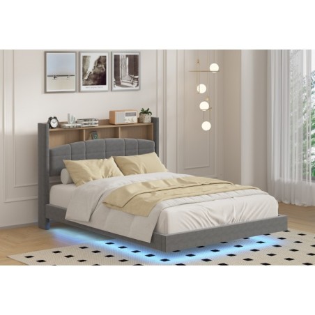 Pat MARIO Complet Tapitat Catifea, Cu Iluminare Led Integrada, Somiera Inclusa, Gri, Fara Saltea