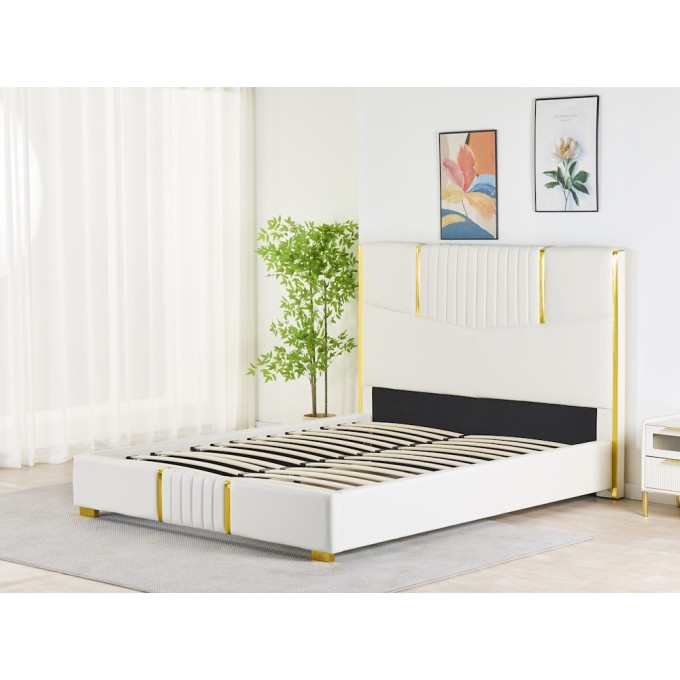 Pat Tapițat Premium Piele Sintetica 160x200 cm, Somiera Inclusa, Alb, Fara Saltea cod LB-215