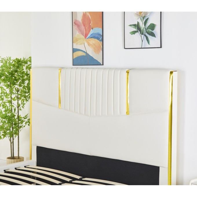 Pat Tapițat Premium Piele Sintetica 160x200 cm, Somiera Inclusa, Alb, Fara Saltea cod LB-215