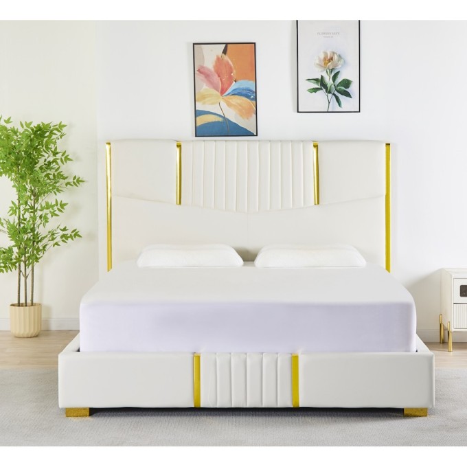 Pat Tapițat Premium Piele Sintetica 160x200 cm, Somiera Inclusa, Alb, Fara Saltea cod LB-215