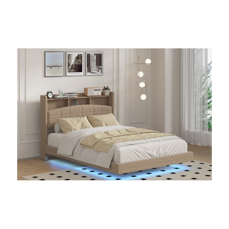 Pat MARIO Complet Tapitat Catifea, Cu Iluminare Led Integrada, Somiera Inclusa, Maro, Fara Saltea Pat MARIO Complet Tapitat Catifea, Cu Iluminare Led Integrada, Somiera Inclusa, Maro, Fara Saltea
