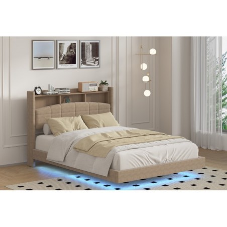 Pat MARIO Complet Tapitat Catifea, Cu Iluminare Led Integrada, Somiera Inclusa, Maro, Fara Saltea