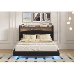 Pat MARIO Complet Tapitat Catifea, Cu Iluminare Led Integrada, Somiera Inclusa, Negru, Fara Saltea