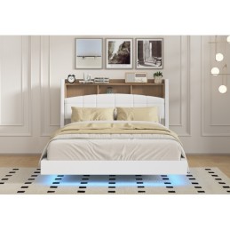 Pat MARIO Complet Tapitat Piele Ecologica, Cu Iluminare Led Integrada, Somiera Inclusa, ALB, Fara Saltea