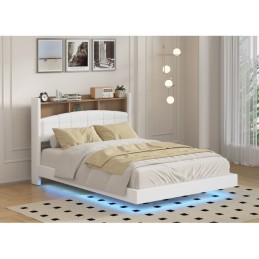Pat MARIO Complet Tapitat Piele Ecologica, Cu Iluminare Led Integrada, Somiera Inclusa, ALB, Fara Saltea