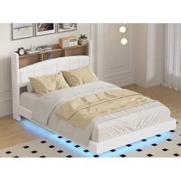 Pat MARIO Complet Tapitat Piele Ecologica, Cu Iluminare Led Integrada, Somiera Inclusa, ALB, Fara Saltea