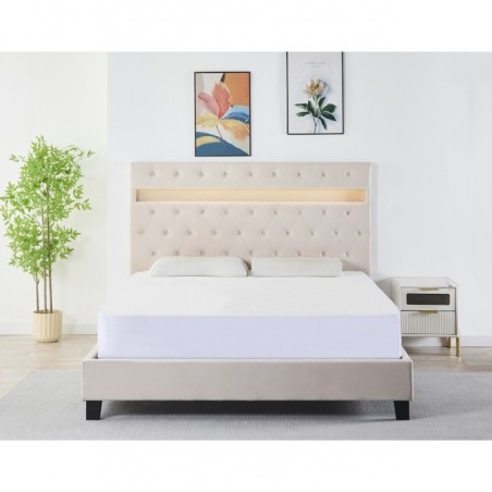 Pat Tapițat Premium Catifea 160x200 cm, Somiera Inclusa, Bej, Fara Saltea cod FB-18