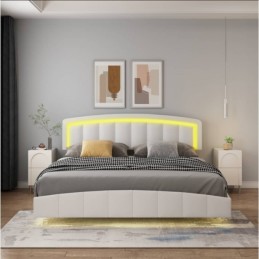 Pat Torino Complet Tapitat Piele Ecologica, Cu Iluminare Led Integrata, Somiera Inclusa, Alb, Fara Saltea